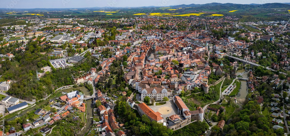 Aerial around the old town of the city Bautzen on a sunny spring day