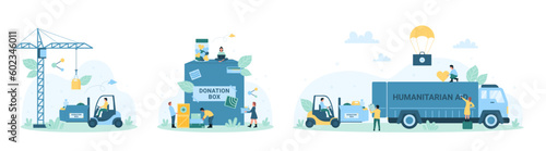 Charity set vector illustration. Cartoon tiny people loading boxes of humanitarian aid with forklift, construction crane and parachute into truck, volunteers donate help and financial assistance
