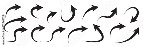 Set of black curved arrows isolated on white.