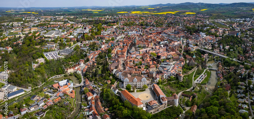 Aerial around the old town of the city Bautzen on a sunny spring day