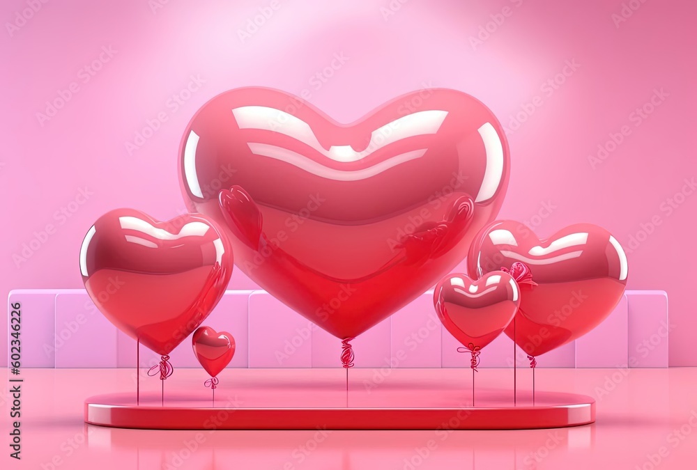 pink heartshaped balloons on a pink background, generative ai