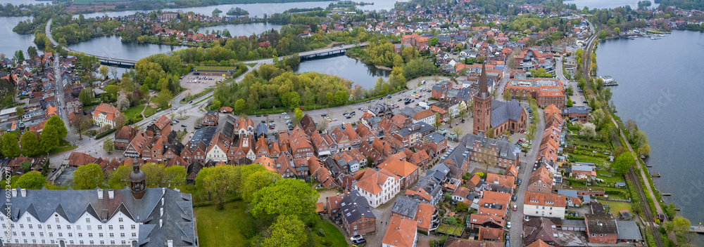 Aerial view around the city Plön in Germany on a sunny spring day	