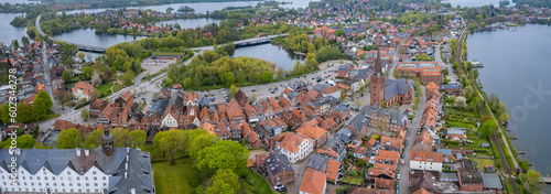 Aerial view around the city Plön in Germany on a sunny spring day	 photo
