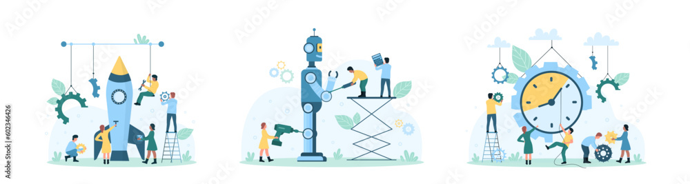 Tech startup set vector illustration. Cartoon tiny people building rocket and robot together to launch new digital product or futuristic project, move hand on clock inside gear for work progress Tech startup set vector illustration. Cartoon tiny people building rocket and robot together to launch new digital product or futuristic project, move hand on clock inside gear for work progress