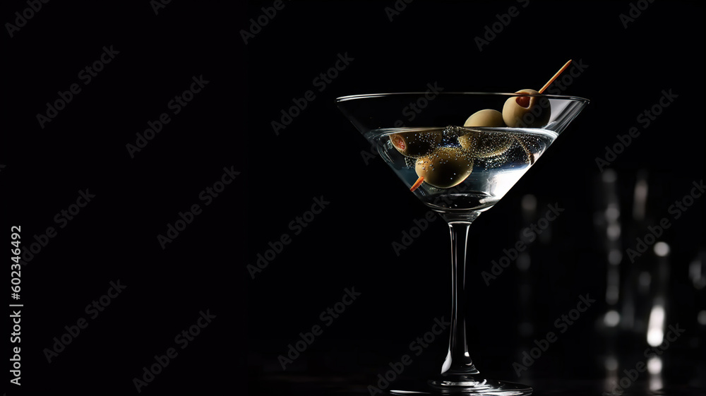 Dry martini cocktail glass with green olives. Classic alcoholic drink for party and happy hour in triangular glass. On black background. Generative ai
