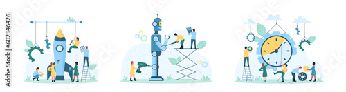Tech startup set vector illustration. Cartoon tiny people building rocket and robot together to launch new digital product or futuristic project, move hand on clock inside gear for work progress