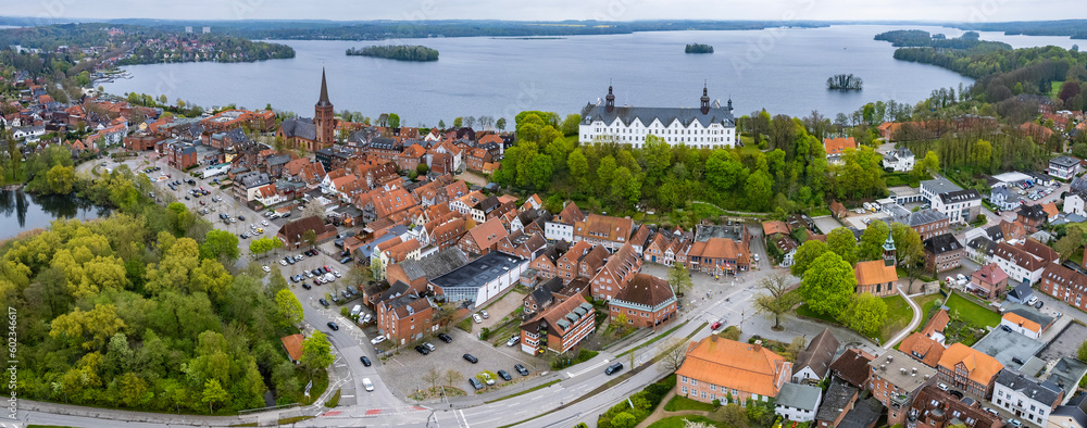 Aerial around the city Plön in Germany on a sunny spring day	