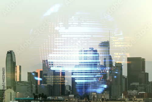 Abstract virtual coding illustration and world map on Los Angeles cityscape background, international software development concept. Multiexposure