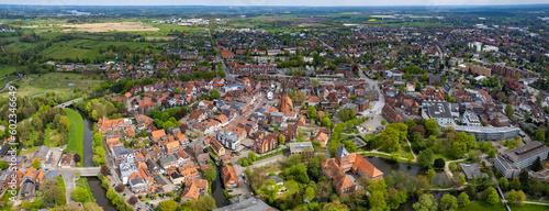 Aerial around the city Winsen in Germany on a sunny spring day 