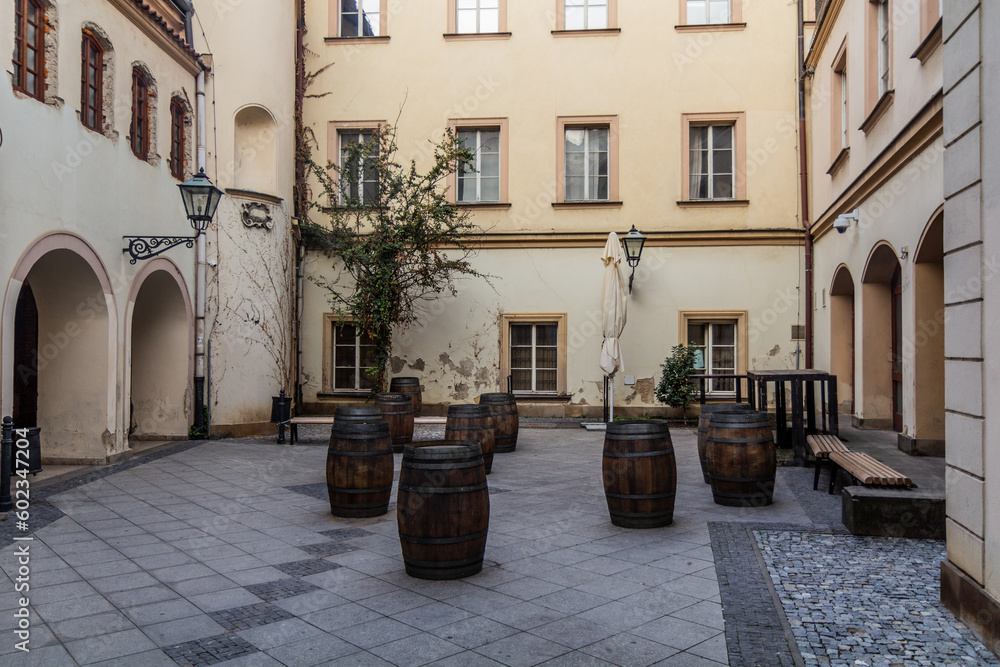 Wooden barrels serving as tables in the center of Brno, Czech Republic