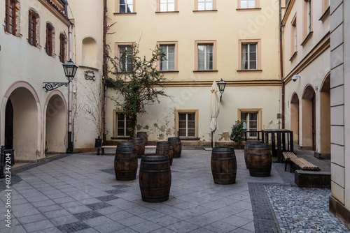 Wooden barrels serving as tables in the center of Brno, Czech Republic