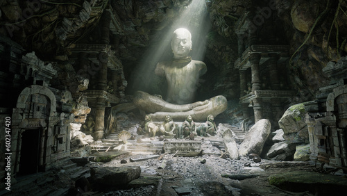 Ancient statues with light ray in the cave, 3d render