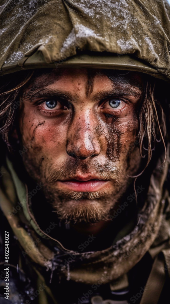 Close-up portrait of a soldier with a muddy face and a tired, tried expression - ai generative Close-up portrait of a soldier with a muddy face and a tired, tried expression - ai generative