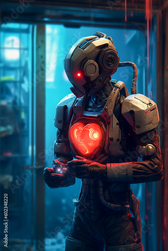 Illustration of A humanoid robot with a glowing red heart in the center of its metallic chest - ai generative