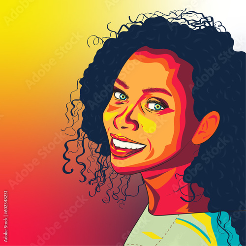 portrait of a black girl with curly hair. vector art. Afro woman, American african woman, Black woman Curly hair makeup and earring, girls on color background, vector illustration