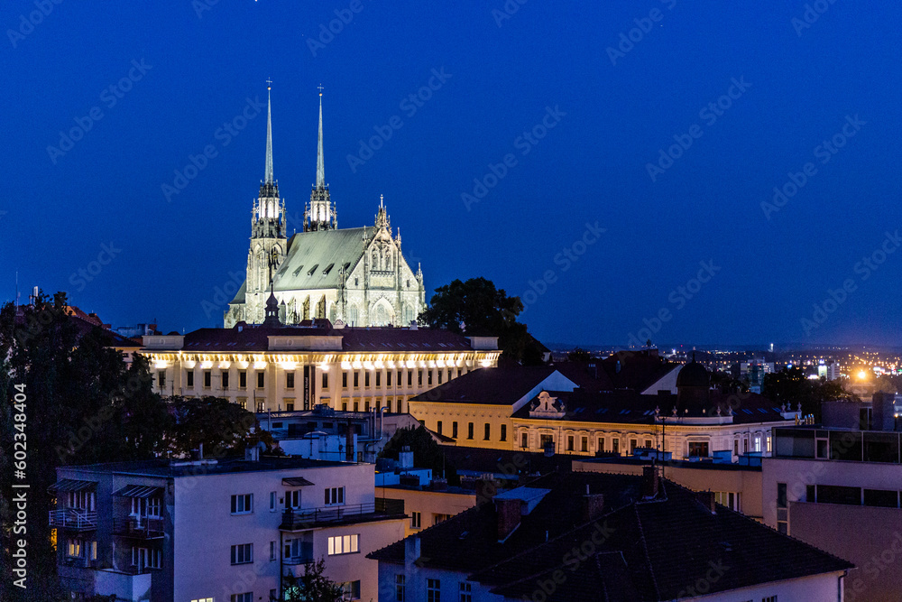 Night skyline of Brno city with the cathedral of St. Peter and Paul, Czech Republic