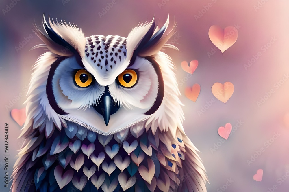 Fototapeta premium Moment of tenderness between a pair of owls birds, two birds in love on a branch, Generative AI