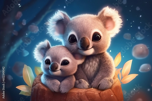 a cute adorable two baby koalas with coats, by night in nature rendered in the style of children-friendly cartoon animation fantasy style  created by AI photo