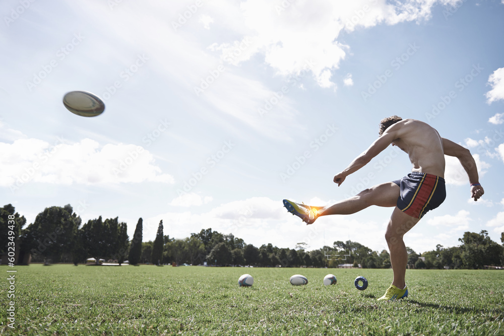 Naklejka premium Rugby, man and ankle pain, injury on field with fitness and train for game, kicking ball and overlay. Male athlete with sports accident, health emergency and skeleton with inflammation and exercise