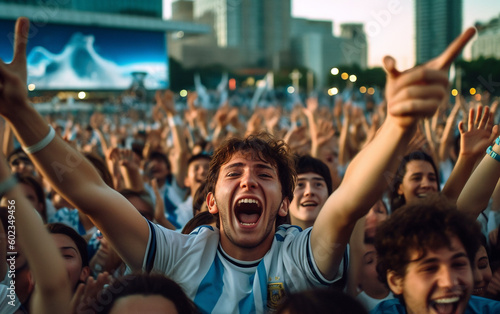 A group of Argentine fans, wearing the blue and white jerseys of their national team, exultantly celebrate their victory in a square - ai generative