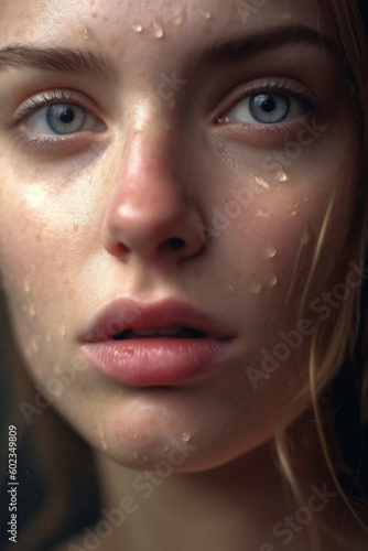 Close-up portrait of a young beautiful girl with the skin of her face sprinkled with droplets - ai generative