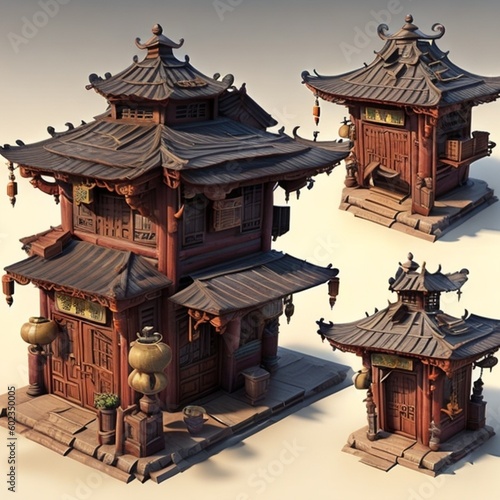 3D sculpt of a stylized Ghetto chinese bistro house , focusing on chunky shapes and texture definition. Loved working on the wood, roof and 2d game full collor