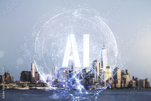Creative artificial Intelligence symbol hologram on New York cityscape background. Double exposure