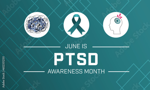 PTSD Awareness Month design with a teal color ribbon. Vector illustration