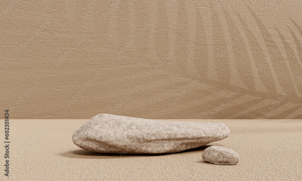 Obraz premium Stone podium with leaf shadow on beige background for beauty and cosmetic brand. Minimal scene in natural color for spa. Abstract aesthetic design. Beautiful background from natural materials