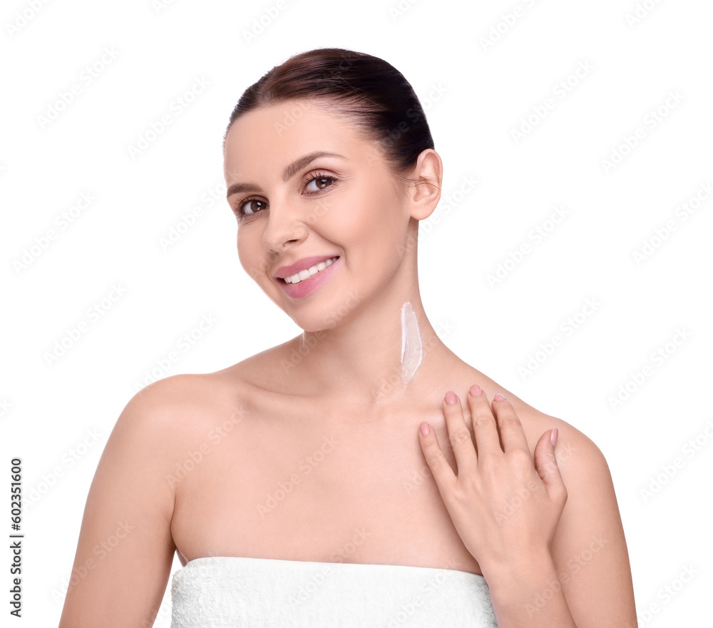Beautiful woman with smear of body cream on her neck against white background Beautiful woman with smear of body cream on her neck against white background