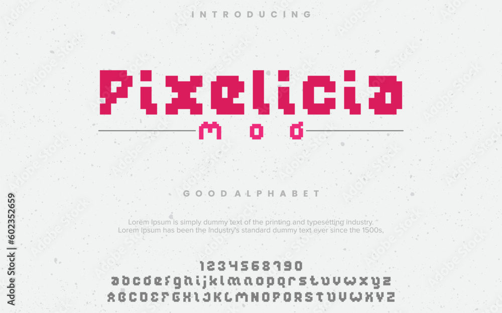 Pixel letter font that says 'Pixelicia'on it vector illustrator font alphabet