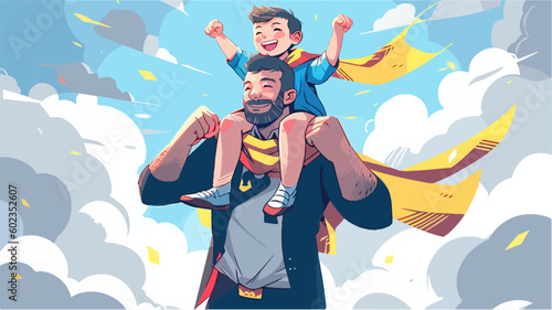 Dad in superhero costume holds son on his shoulders. Happy Father's day greeting card. Cartoon character