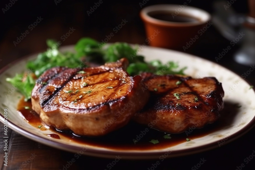 Juicy appetizing steaks on a plate. Restaurant serving. Generative AI.