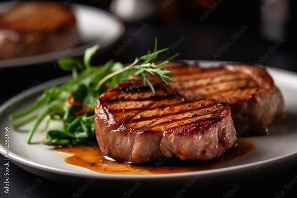 Juicy appetizing steaks on a plate. Restaurant serving. Generative AI. Juicy appetizing steaks on a plate. Restaurant serving. Generative AI.