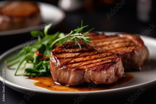 Juicy appetizing steaks on a plate. Restaurant serving. Generative AI.