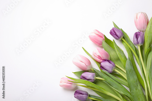Beautiful tulips on light background, flat lay. Space for text
