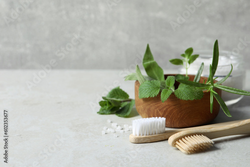 Toothbrushes  sea salt and green herbs on light grey table  closeup. Space for text