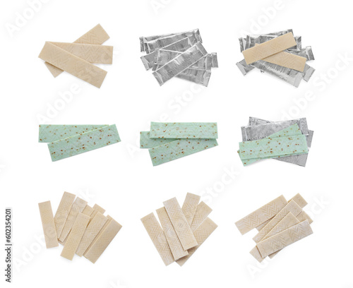 Set with sticks of chewing gum on white background, top view