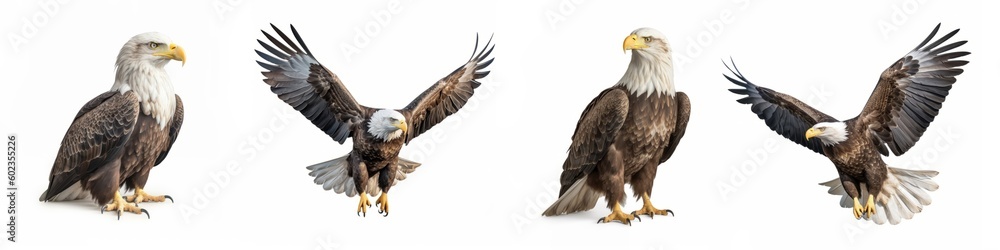 America animals wildlife birds north american eagles banner panorama long - Collection of flying and sitting bald eagle (haliaeetus leucocephalus), isolated on white background, Generative Ai America animals wildlife birds north american eagles banner panorama long - Collection of flying and sitting bald eagle (haliaeetus leucocephalus), isolated on white background, Generative Ai