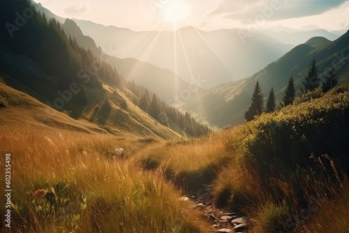 Summer sunset in high mountains. A beautiful landscape. generative AI