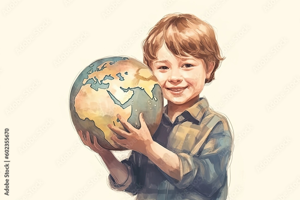 A fictional smiling boy holding a globe in her hand. Watercolor style illustration. Generative AI A fictional smiling boy holding a globe in her hand. Watercolor style illustration. Generative AI