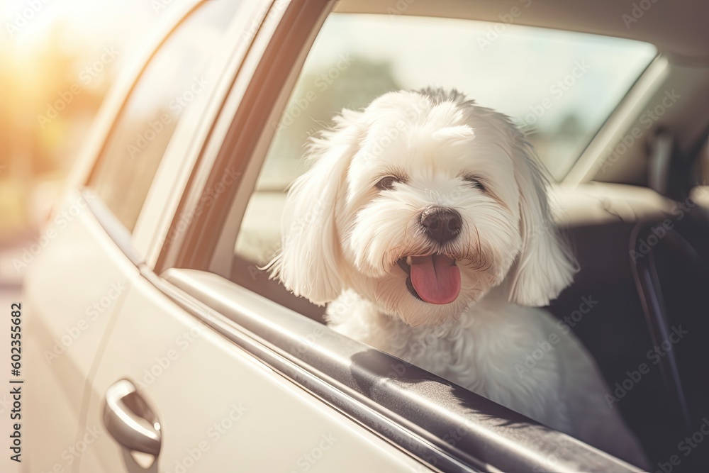 White dog in car. generative AI.