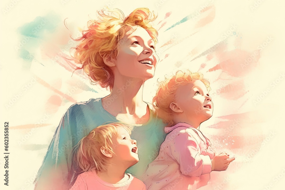 Mom with two children. Illustration in the style of watercolor painting. Generative AI