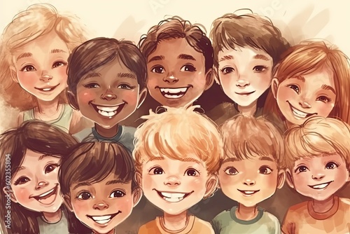 group of happy children. Illustration in watercolor painting style. Generative AI.