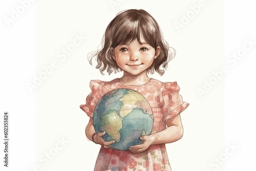 A fictional smiling girl holding a globe in her hand. Watercolor style illustration. Generative AI