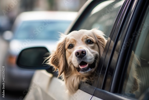 happy dog with head out of the car window having fun. generative AI.