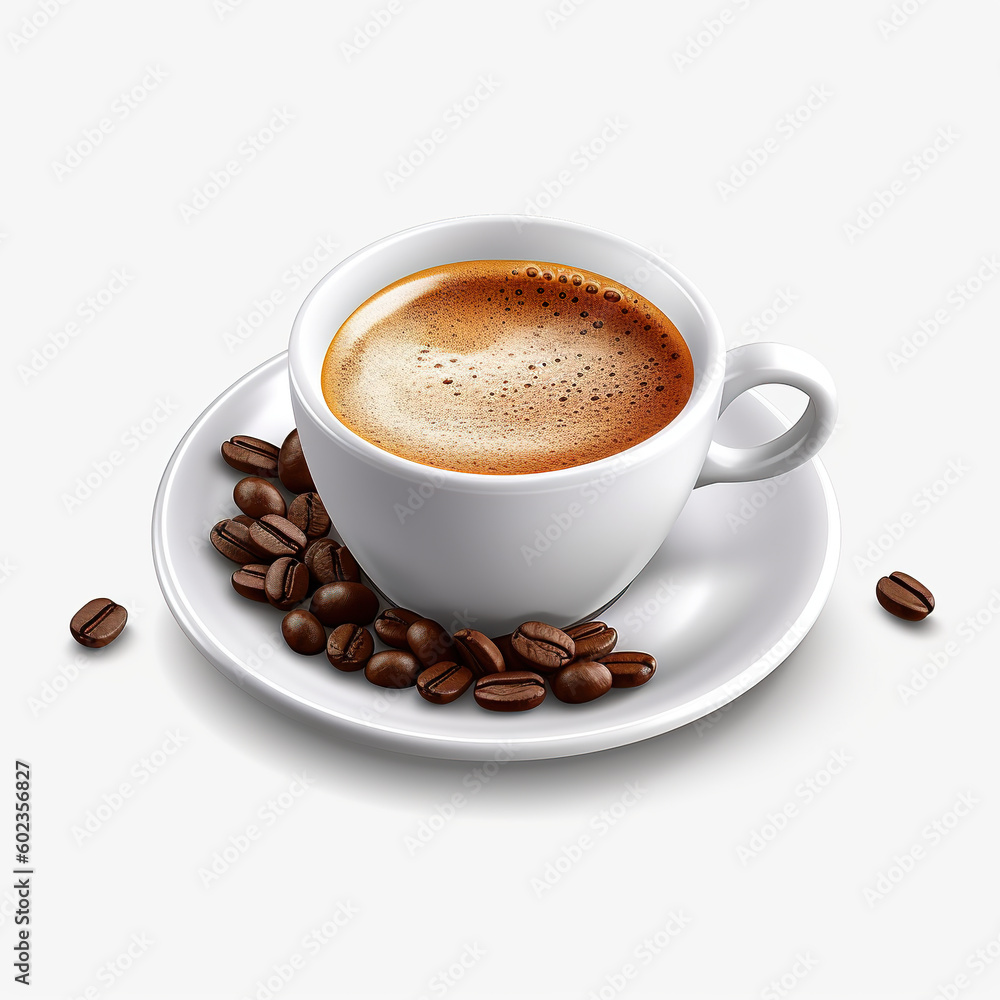 Obraz premium A cup of coffee on a saucer with coffee beans. Generative AI.