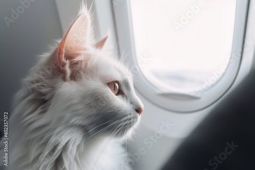 cat looking out of an airplanewindow photo