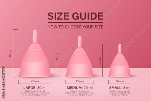 Vector 3d Realistic Pink Menstrual Hygiene Silicone Cups on Pink Background - Size Guide. Feminine Hygiene Infographics. Women s Health, Hygiene Concept, Menstrual Cup Design Template, Banner