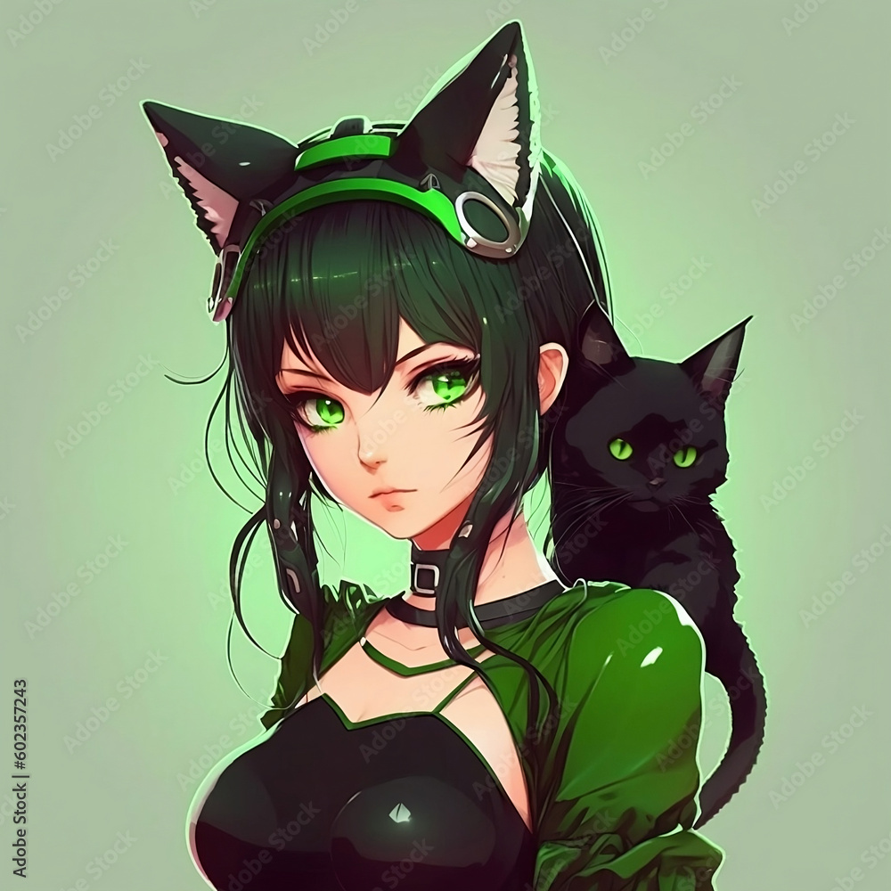 ภาพประกอบสต็อก Anime girl with cat. Black hair neko girl with green ...